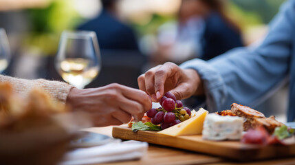Faceless woman's hand reaching across table to pick a grape from a shared charcuterie board at outdoor cafe social dining sharing food culture female friendship concept