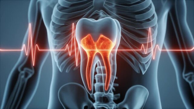 Dental health concept with glowing tooth and E C G line on human skeleton medical
