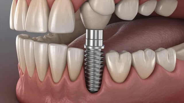 Dental Implant Procedure Close-up Dental Implant Screw with Artificial Tooth on Lower Jaw with Surrounding Teeth and Gums