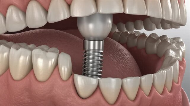 Dental Implant Procedure Close-up View of Teeth with Implant Screw and Crown dental crown oral surgery