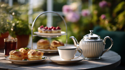 Fototapeta premium Outdoor cafe table with elaborate afternoon tea setup tiered cake stand with mini sandwiches and scones teapot fine china cups no people elegant lifestyle photography soft