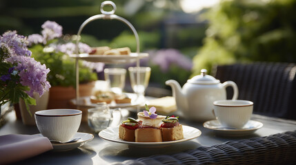 Fototapeta premium Outdoor cafe table with elaborate afternoon tea setup tiered cake stand with mini sandwiches and scones teapot fine china cups no people elegant lifestyle photography soft