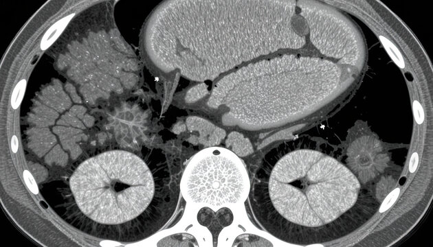 Cross-sectional medical imaging displays internal abdominal structures including kidneys and gastrointestinal tissue