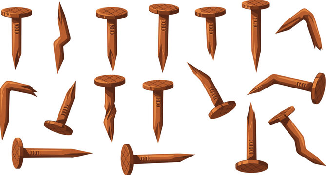 Cartoon nail vector illustration, bent and broken nail graphics, whimsical construction drawing, black and white tool art - flat vector illustration