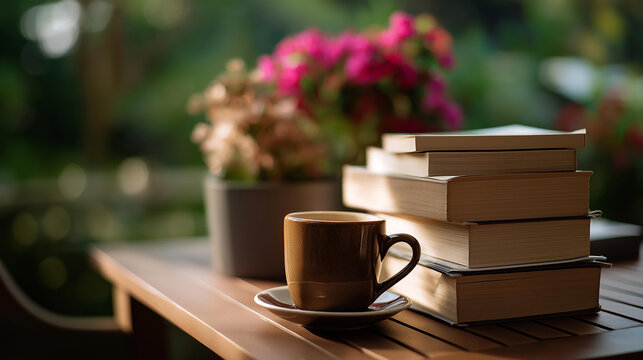 Close up of a stack of books and a ceramic coffee cup on an outdoor cafe table corner intellectual lifestyle bookworm culture reading break afternoon light defocused blooming