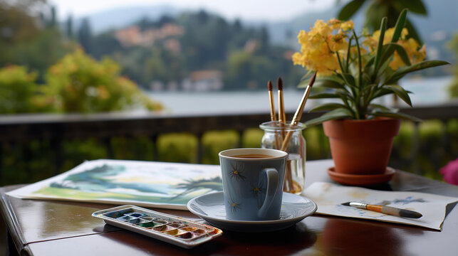 Outdoor cafe table with half finished watercolor painting of the view brushes and small paint palette beside a coffee cup creative lifestyle outdoors artist at work no faces