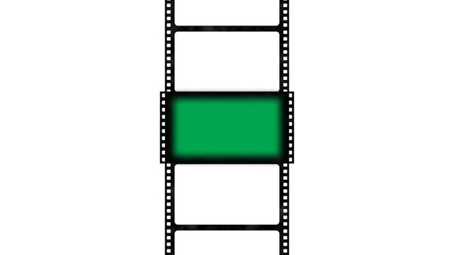 Film strip seamless loop animation moving vertically from bottom to top with green screen placeholder old frame at center on white background. 4K animated film frame overlays for video editing.