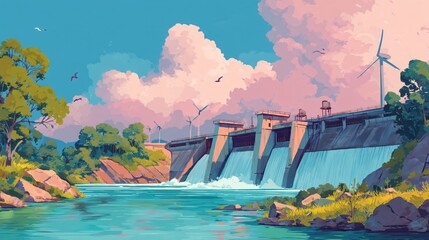 Hydroelectric Dam with Wind Turbines and Flowing Water Landscape