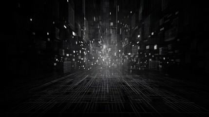 3D grid tunnel with glowing particles and wireframe effect