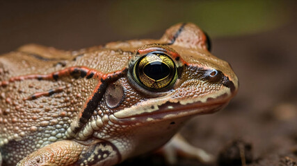 Fototapeta premium Close-up of a brown frog with striking golden eyes in natural habitat