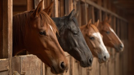 Four horses stand in their stalls at a horse ranch. Each horse has its head out looking around. The barn has wooden walls and is well lit by daylight.
