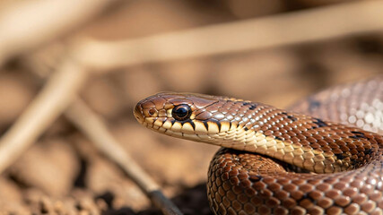 Fototapeta premium Close-up of brown snake coiled on dry ground with blurred background