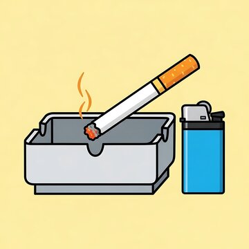 Smoking cigarette in ashtray with lighter.