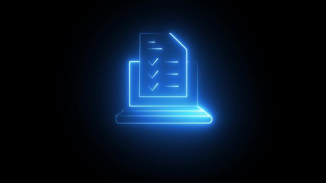 Glowing neon outline animation of a checklist document displayed on a laptop screen. Represents online forms, task management, survey, digital report, approval process and workflow automation.