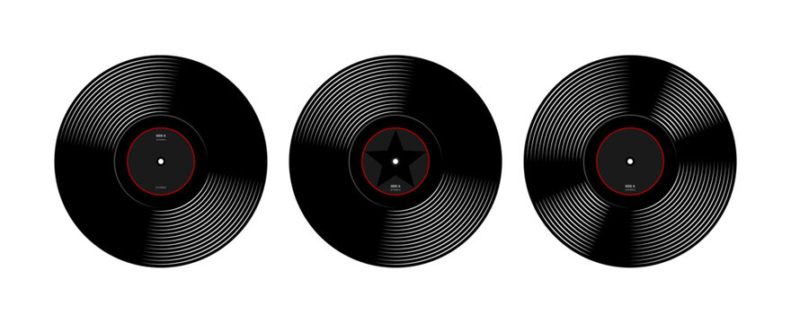 Three vinyl record discs with red and black labels for graphic design element. Creative retro musical concept for design.