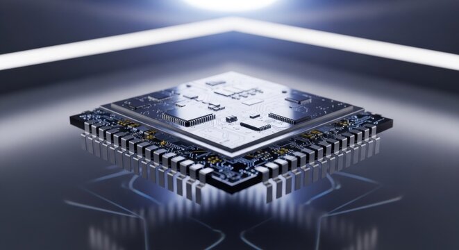 A computer chip with intricate circuitry and electronic components, illuminated by a bright light source, set against a dark background with a reflective surface.