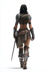 A lone female warrior walks away in worn leather and metal armor, carrying a sword. Moody, strong, and determined vibe with rugged medieval fantasy styling, battle-ready posture, and adventurous atmos