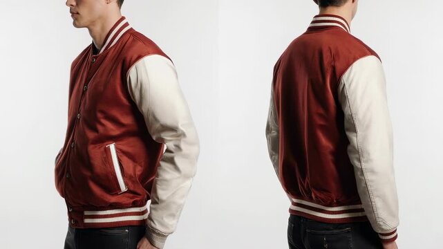Man Wearing Red and White Varsity Jacket.