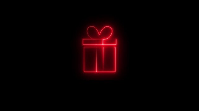Glowing neon gift box icon animation with ribbon and bow on dark background. Bright outline style representing celebration, surprise, present, discount, bonus and special offer. Perfect for holiday