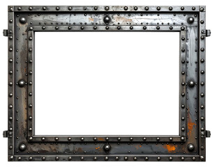 Industrial metal frame with rivets and a rectangular opening for art.