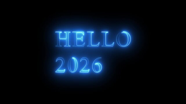 Glowing neon &ldquo;Hello 2026&rdquo; text animation on dark background. Bright luminous typography with vibrant light effect, perfect for New Year celebration, countdown intro, holiday greeting, party visuals