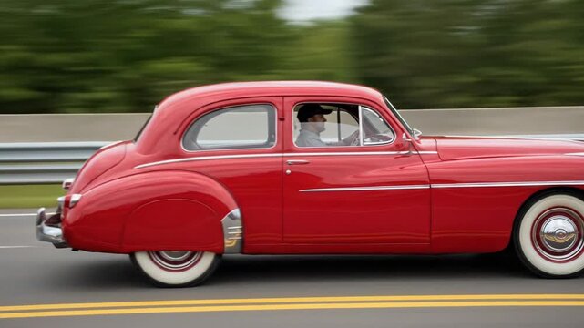 Vintage Red Sedan Driving on Highway with Blurred Green Trees Background