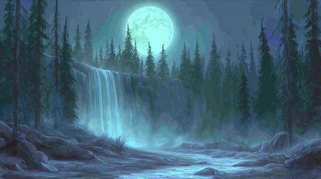 Nighttime waterfall scene with full moon in a forest serene and atmospheric