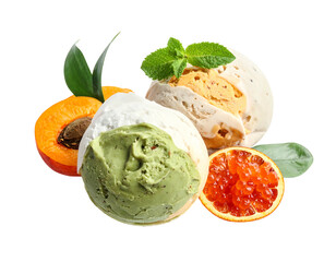Delicious ice cream scoops with fresh fruit and mint leaves.