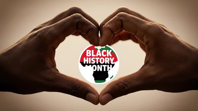 Close-up of afro american male hands forming heart shape around Black History Month logo on warm gradient background. Concept of cultural heritage and social awareness