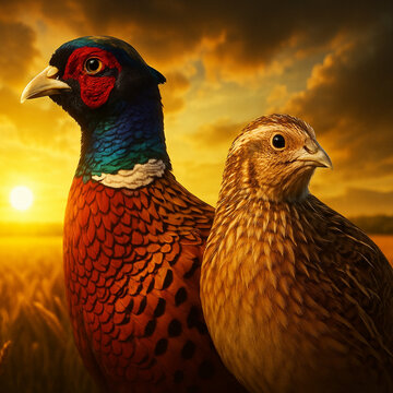 Male and Female Pheasants Standing in Wheat Field at Sunset, Wildlife Nature Scene