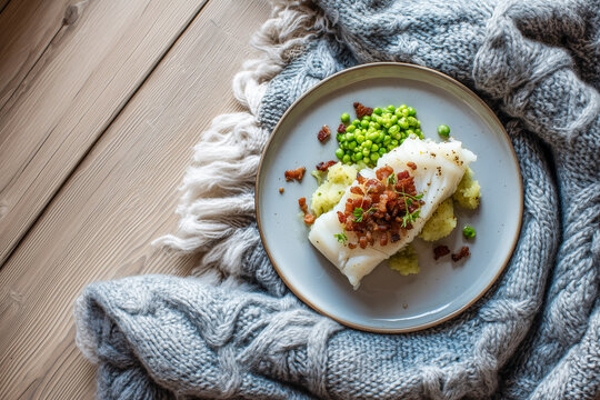 top view of traditional lutefisk white fish with potatoes and bacon in nordic scandinavian winter setting