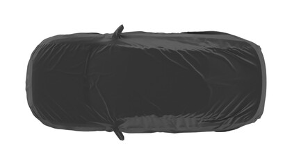 Dark grey car cover protecting vehicle from elements on a white background