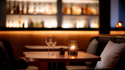 Table with two wine glasses and a candle on it