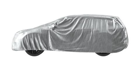 Silver car covered with a protective fabric, isolated on a white background