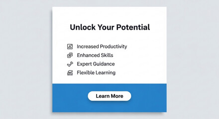 Online learning and development concept with unlock your potential text and checkmark icons on white and blue background