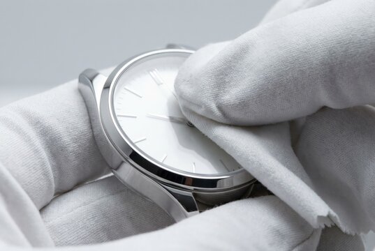 A watchmaker in white gloves meticulously cleaning the crystal of a classic silver wristwatch.