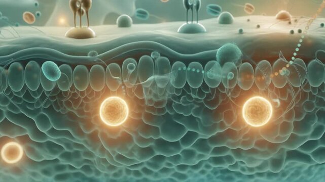 Dynamic cinematic depiction of INTERLEUKIN molecules orchestrating vital immune defense systems and cellular communication processes