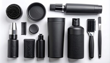 Obraz premium Flat lay with round brush and black bottles