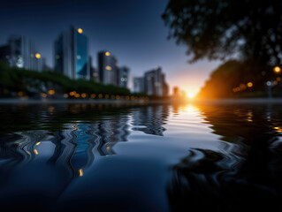 Sunset over city skyline reflected in calm water