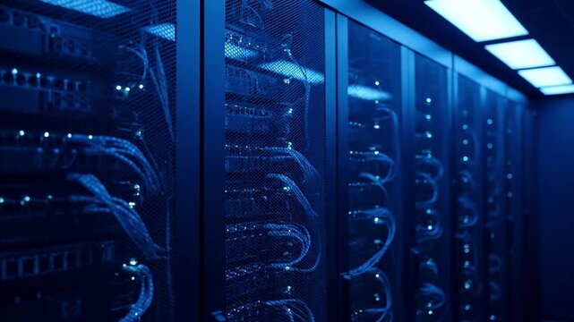 Neon Blue Glow Illuminates Rows of Server Racks, Cables, and Hushed Servers in a Dimly Lit Data Center Room
