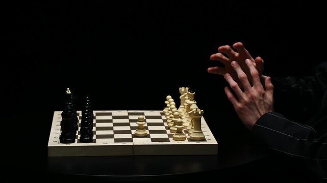 A chess game on a black background. A chess player makes the first move in the game. Close-up of a chess player's hand as they move a pawn and start the match