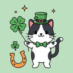 Cute Kawaii Gray Tabby Cat Wearing Green Vest Playing Guitar with Shamrock Gold Coins for St. Patrick's Day.