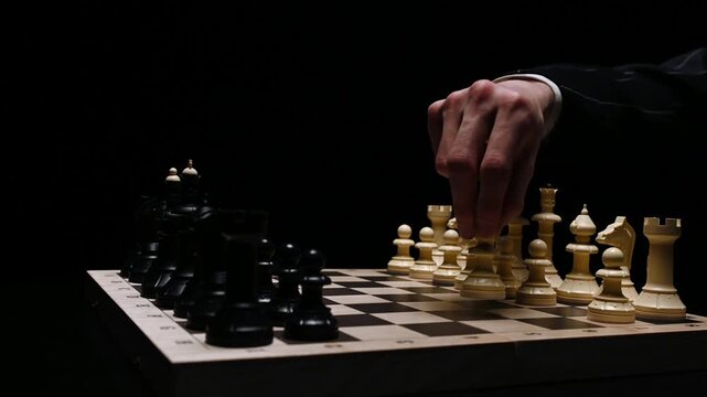 A chess game on a black background. A chess player makes the first move in the game. Close-up of a chess player's hand as they move a pawn and start the match
