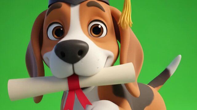 Cartoon Beagle Dog Wearing Graduation Cap Holding Diploma Scroll