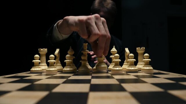 A chess player makes the first move in a chess game with white pieces on a black background. View from the opponent's side. Chess competition, the player moves a pawn two squares forward