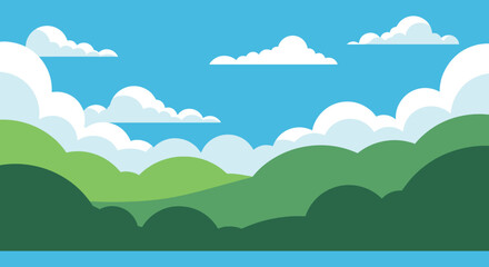 A vibrant landscape illustration depicts rolling green hills fluffy white clouds and a clear blue sky showcasing a bold silhouette