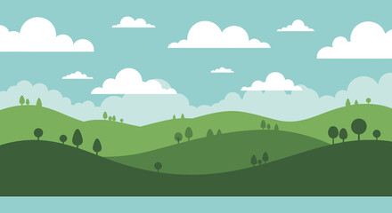 Fototapeta premium A serene landscape featuring rolling green hills fluffy white clouds and a dark tree line silhouette high quality professional detailed modern