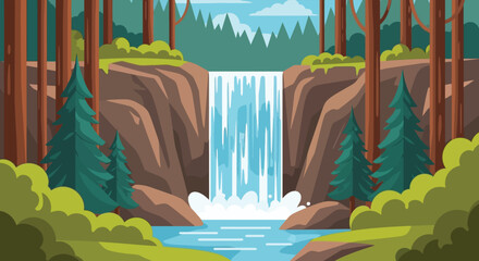 A vibrant forest landscape showcases a cascading waterfall framed by trees presenting a striking silhouette high quality professional detailed modern elegant © mrvect02