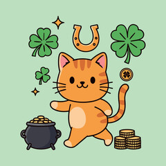 Cute Kawaii Gray Tabby Cat Wearing Green Vest Playing Guitar Shamrock Gold Coins for St. Patrick's Day