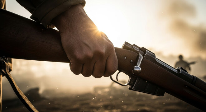 Man Gripping Rusted Rifle Stock Outdoors